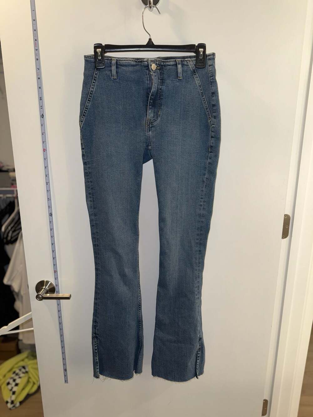 We The Free Free People Penny Flare Jeans Size 27 Blue Denim Raw Hem Side Slit
